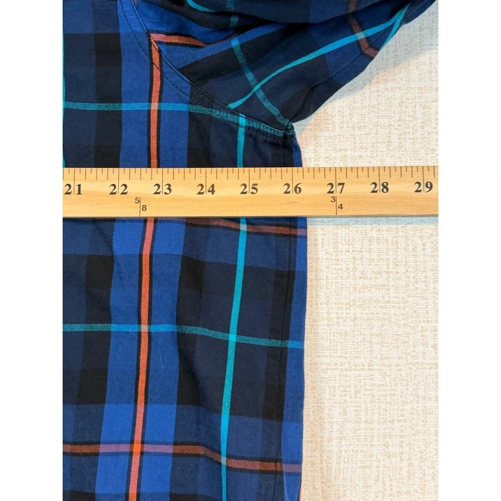 True Religion Mens 3XL Blue Orange Plaid Western Button Down Horseshoe Shirt Y2K